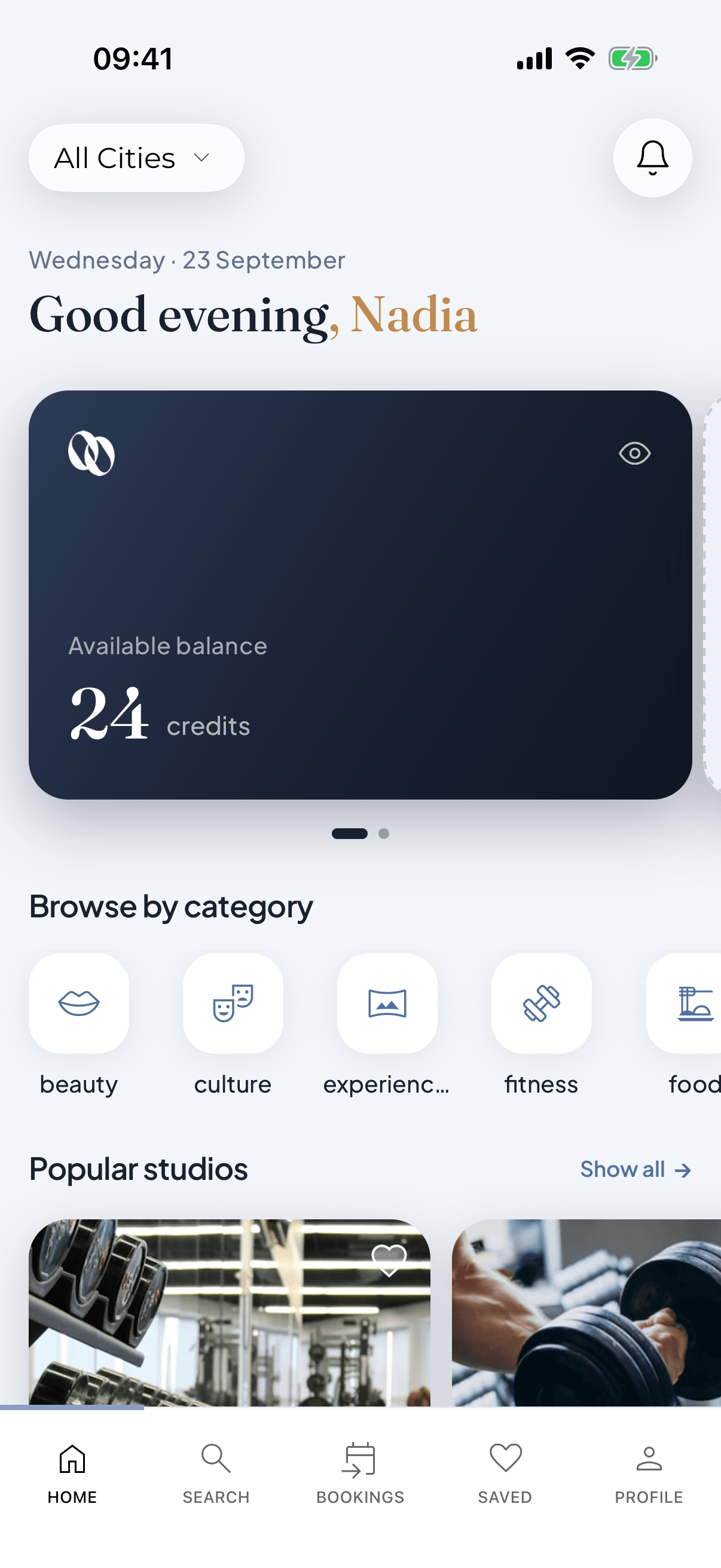 The Loop app home screen — one credit balance for every partner studio
