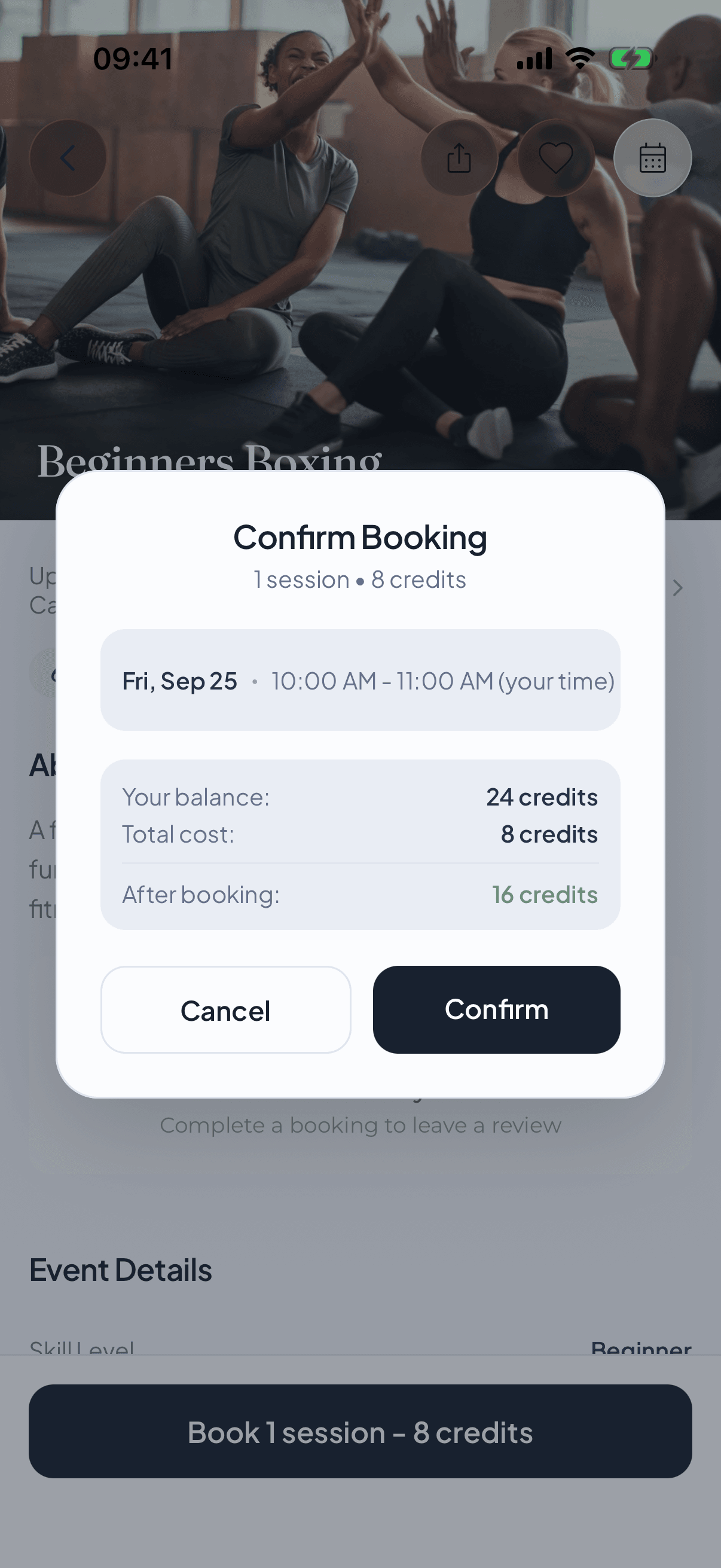 The Loop app booking confirmation showing the credits a class costs